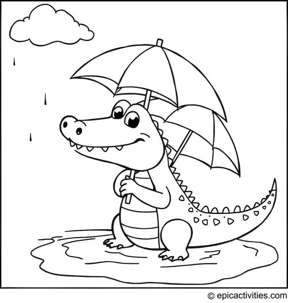 Coloring page of a Playful Alligator with an Umbrella on a Rainy Day