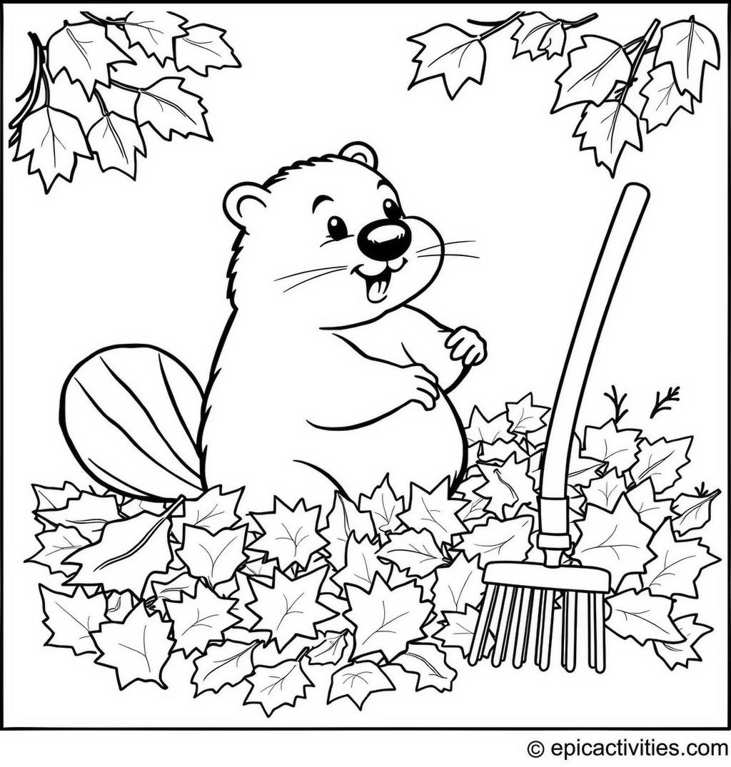 Coloring page of a Playful Beaver in Autumn Leaves with a Rake