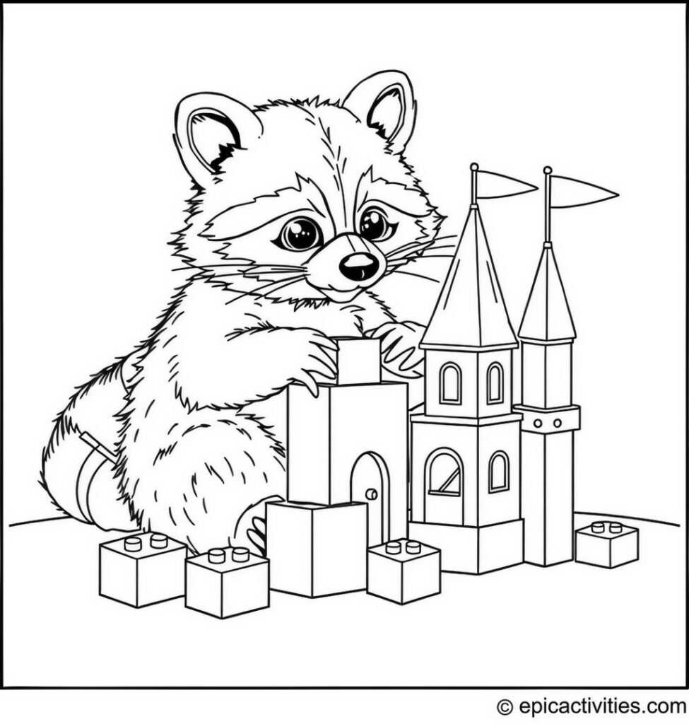 Coloring page of a Playful Raccoon Building a Castle with Blocks