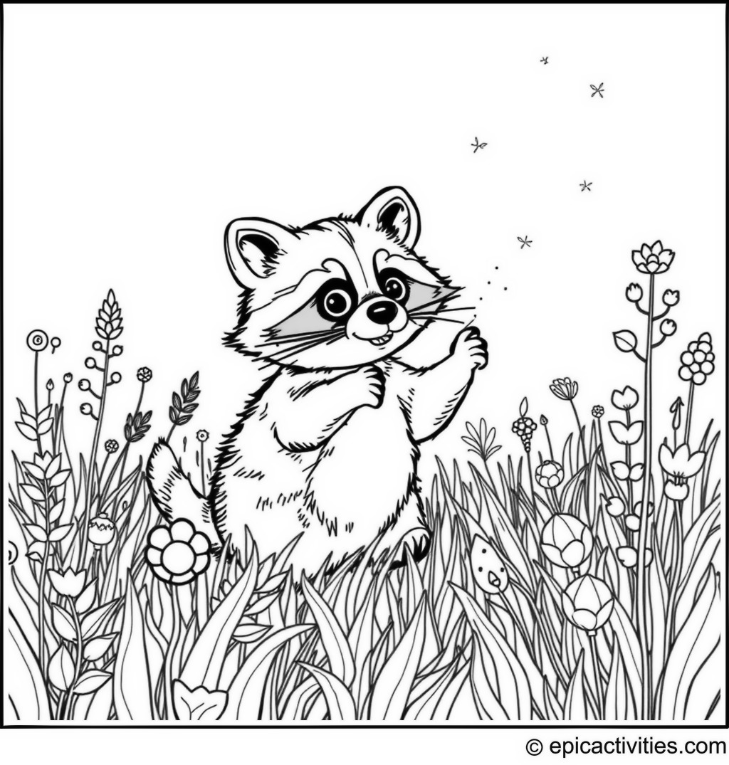 Coloring page of a Playful Raccoon Chasing Fireflies in a Whimsical Field