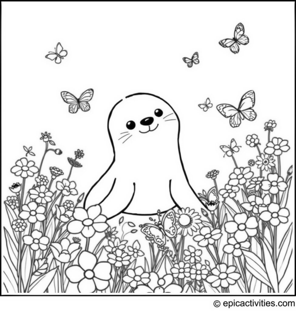 Coloring page of a Playful Seal in a Butterfly Garden