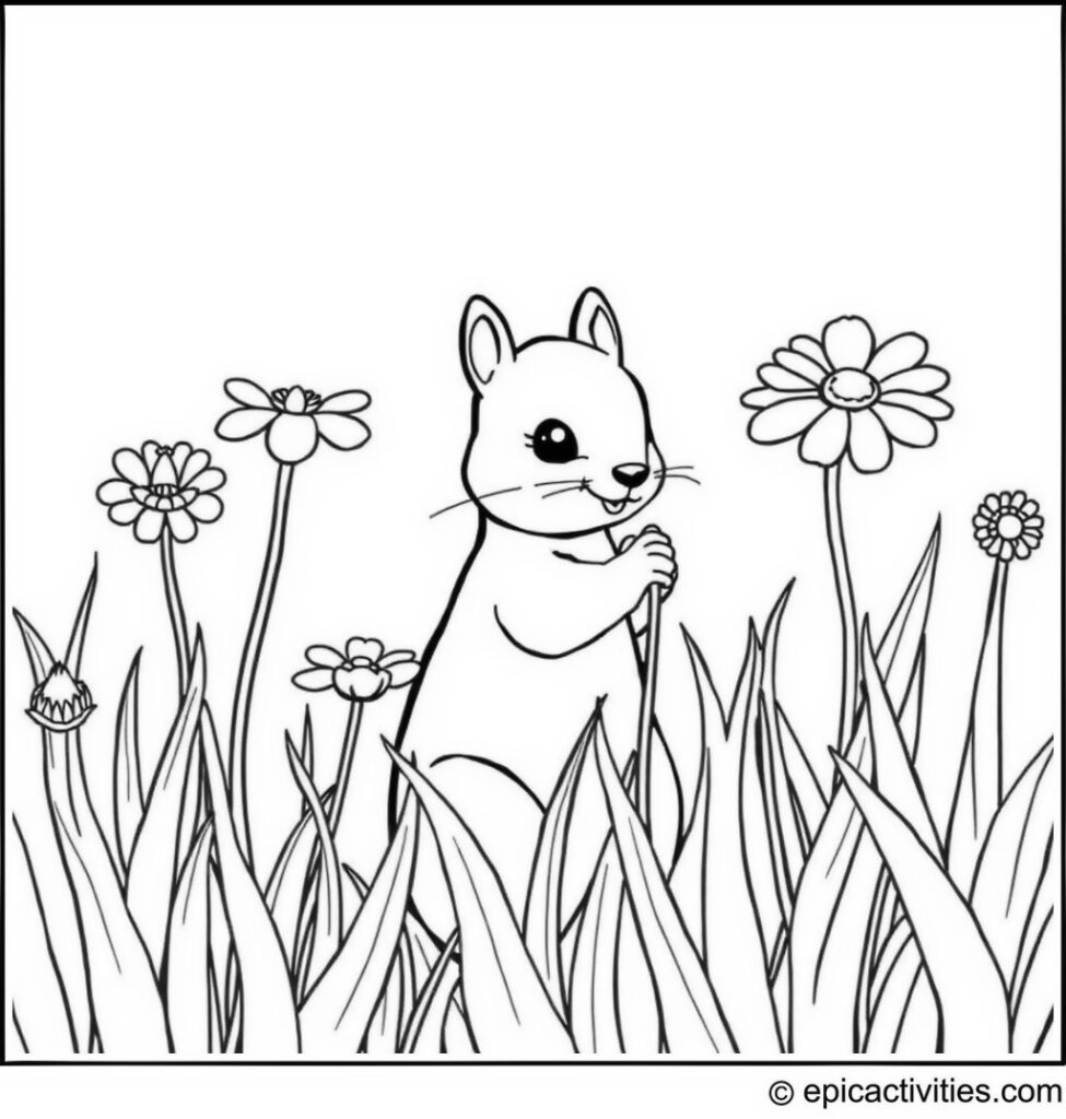 Coloring page of a playful squirrel hiding behind flowers