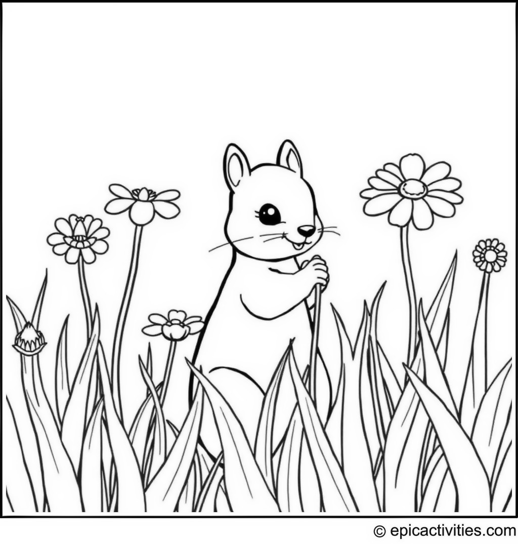 Coloring page of a playful squirrel hiding behind flowers