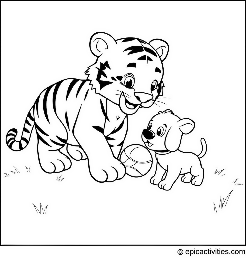 Coloring page of a Playful Tiger and Dog Friends