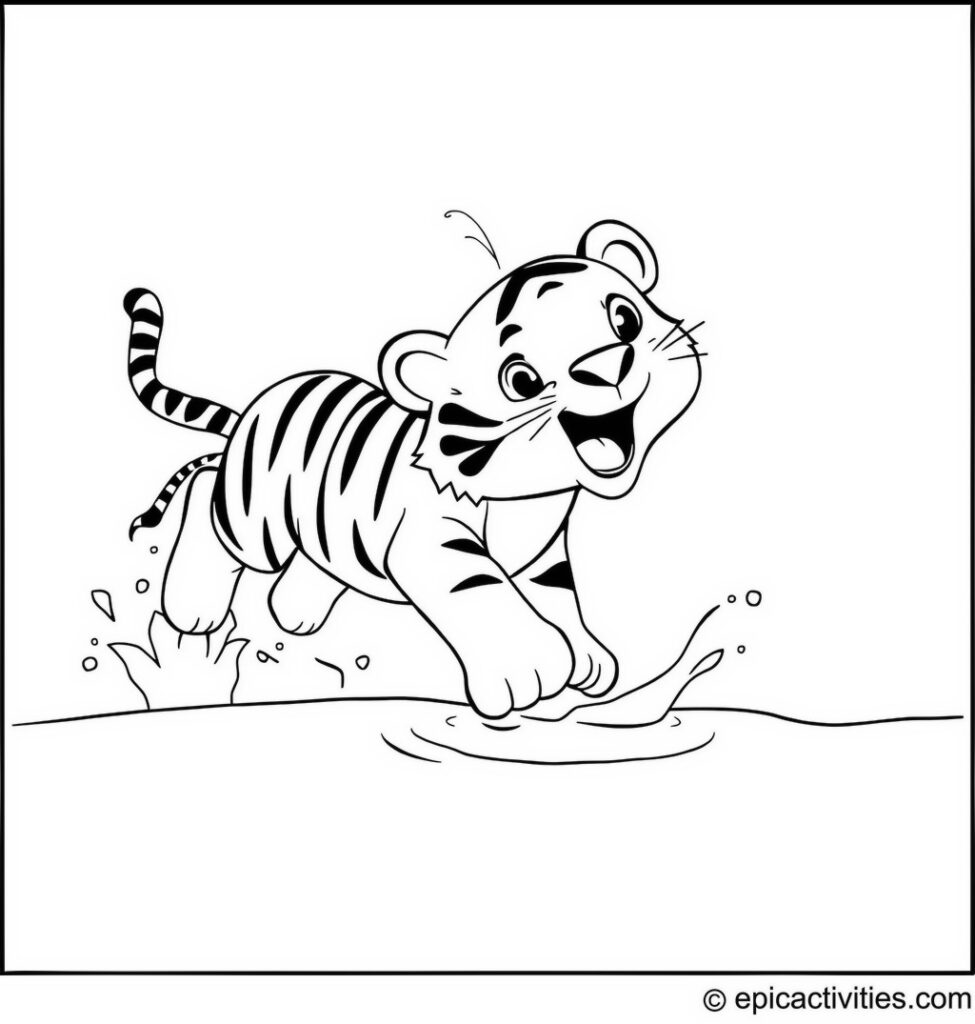 Coloring page of a playful tiger diving into a pool