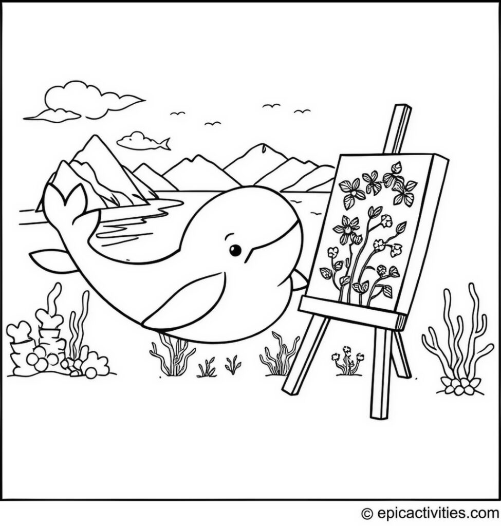 Coloring Page of a Playful Whale Artist Underwater