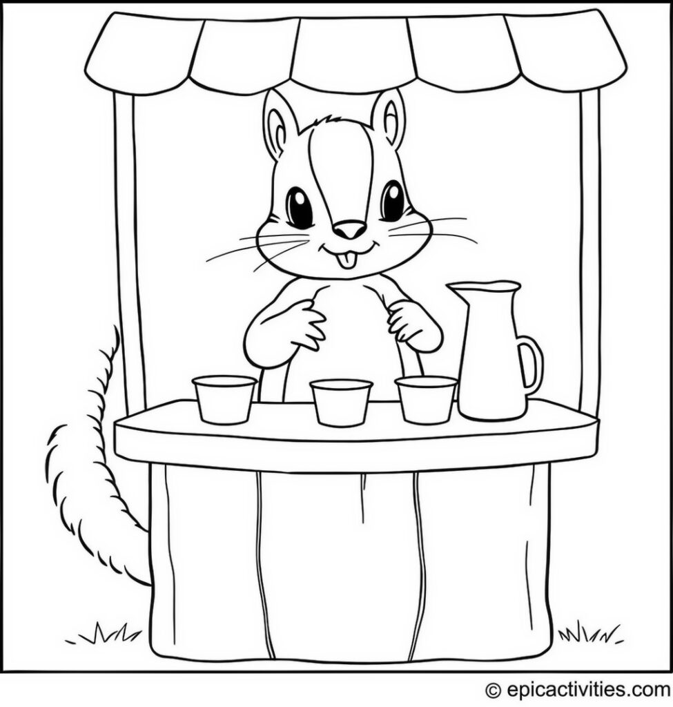 Coloring page of a Quirky Squirrel with a Lemonade Stand
