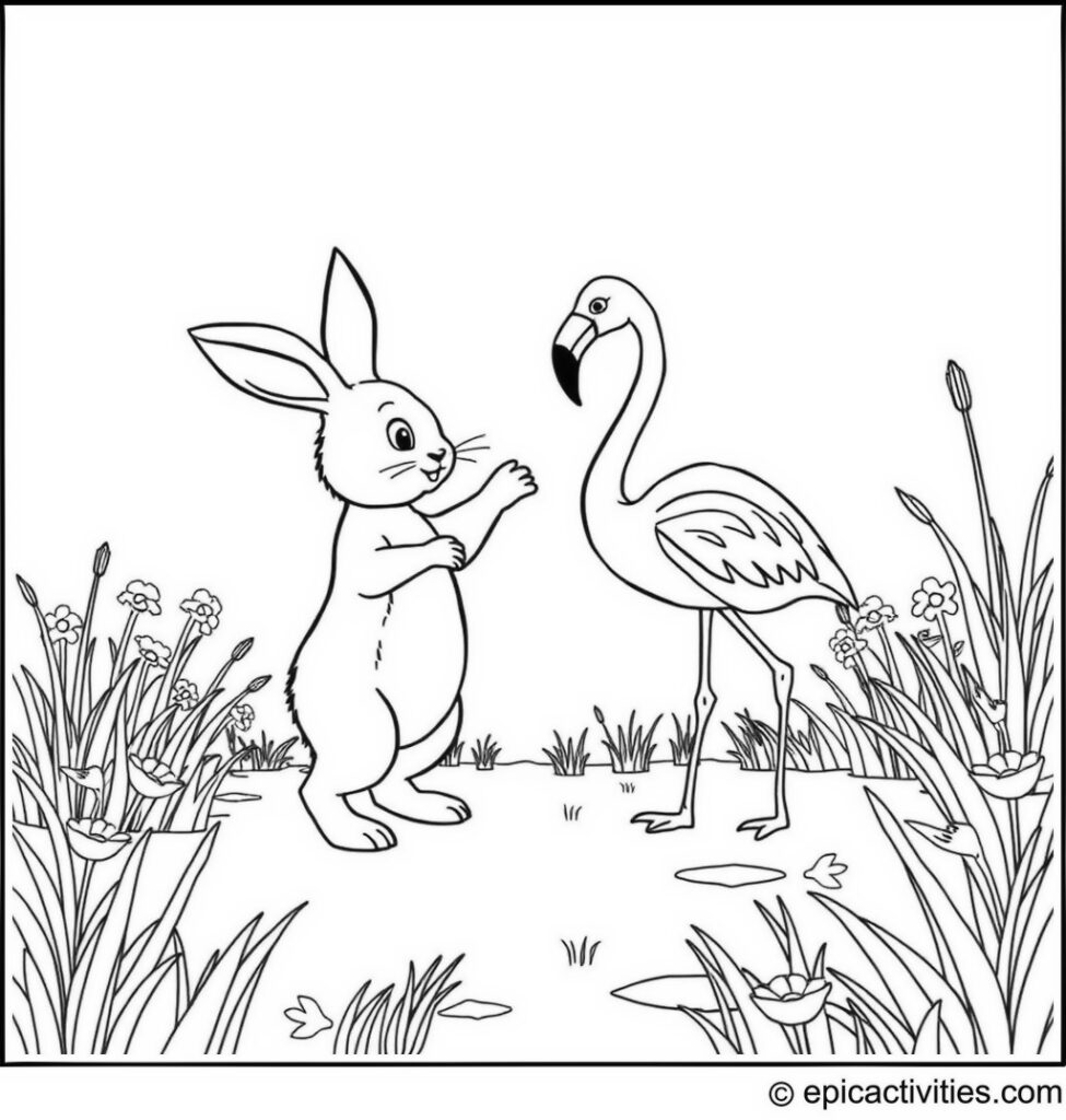 Coloring page of a Rabbit and Flamingo having a Dance-off in a Colorful Marshland