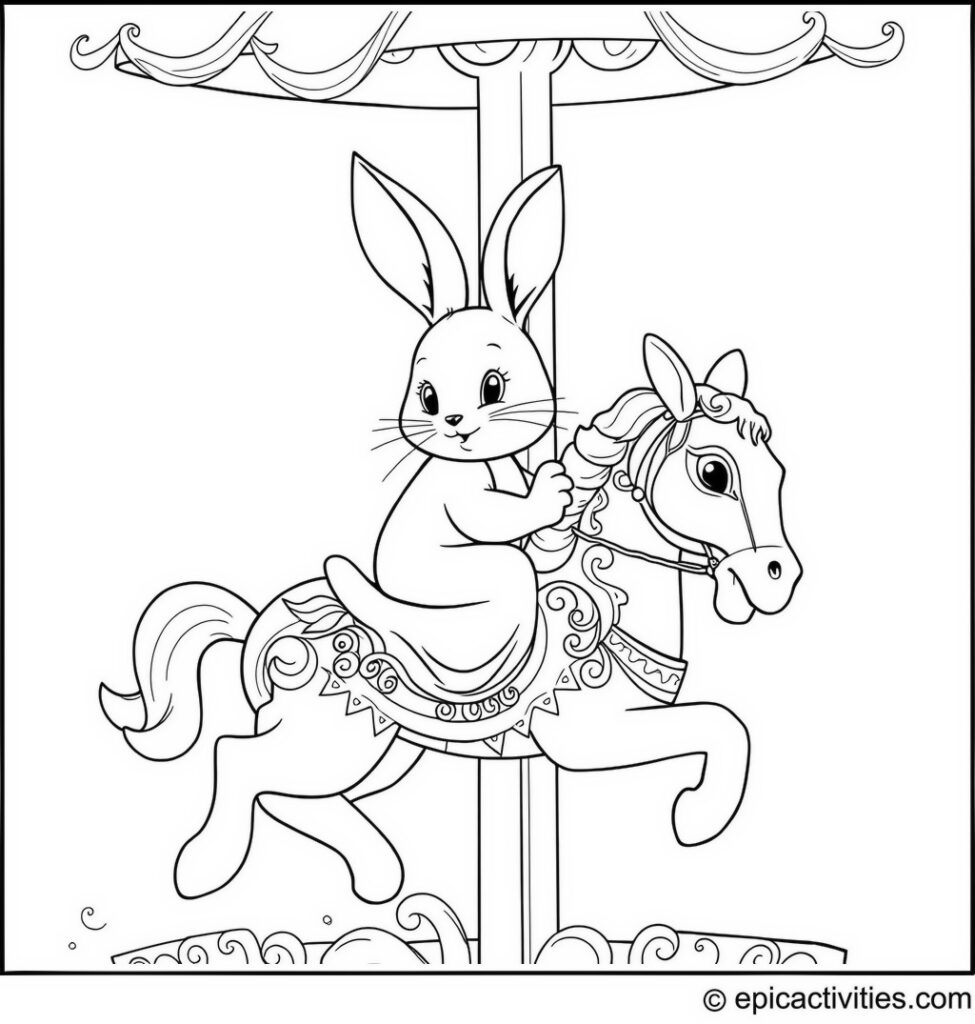 Coloring page of a Rabbit Enjoying a Carnival Ride on a Carousel Horse