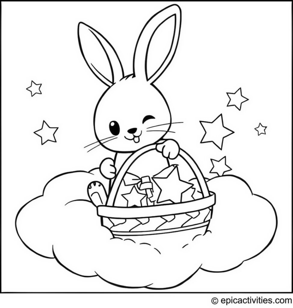 Coloring page of a Rabbit Floating on a Fluffy Cloud Collecting Stars