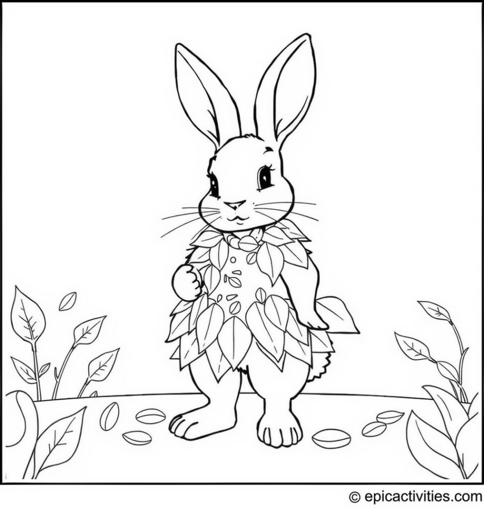 Coloring page of a Rabbit Hosting a Fashion Show with Leaf and Petal Clothing