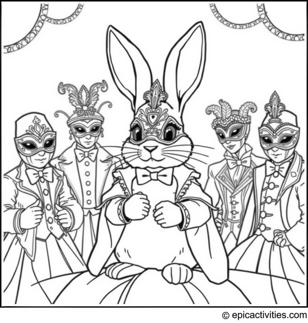 Coloring page of a rabbit hosting a masquerade ball