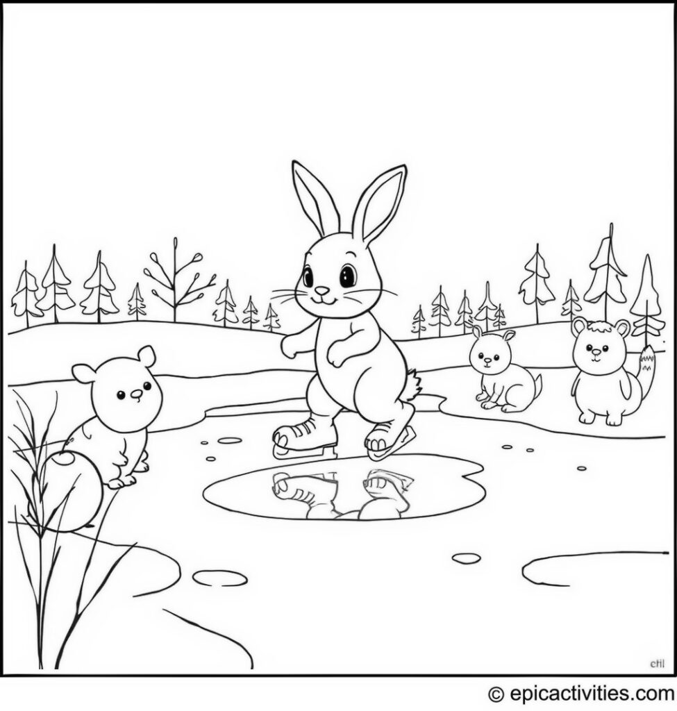 Coloring page of a Rabbit Ice Skating with Cute Cartoon Animals