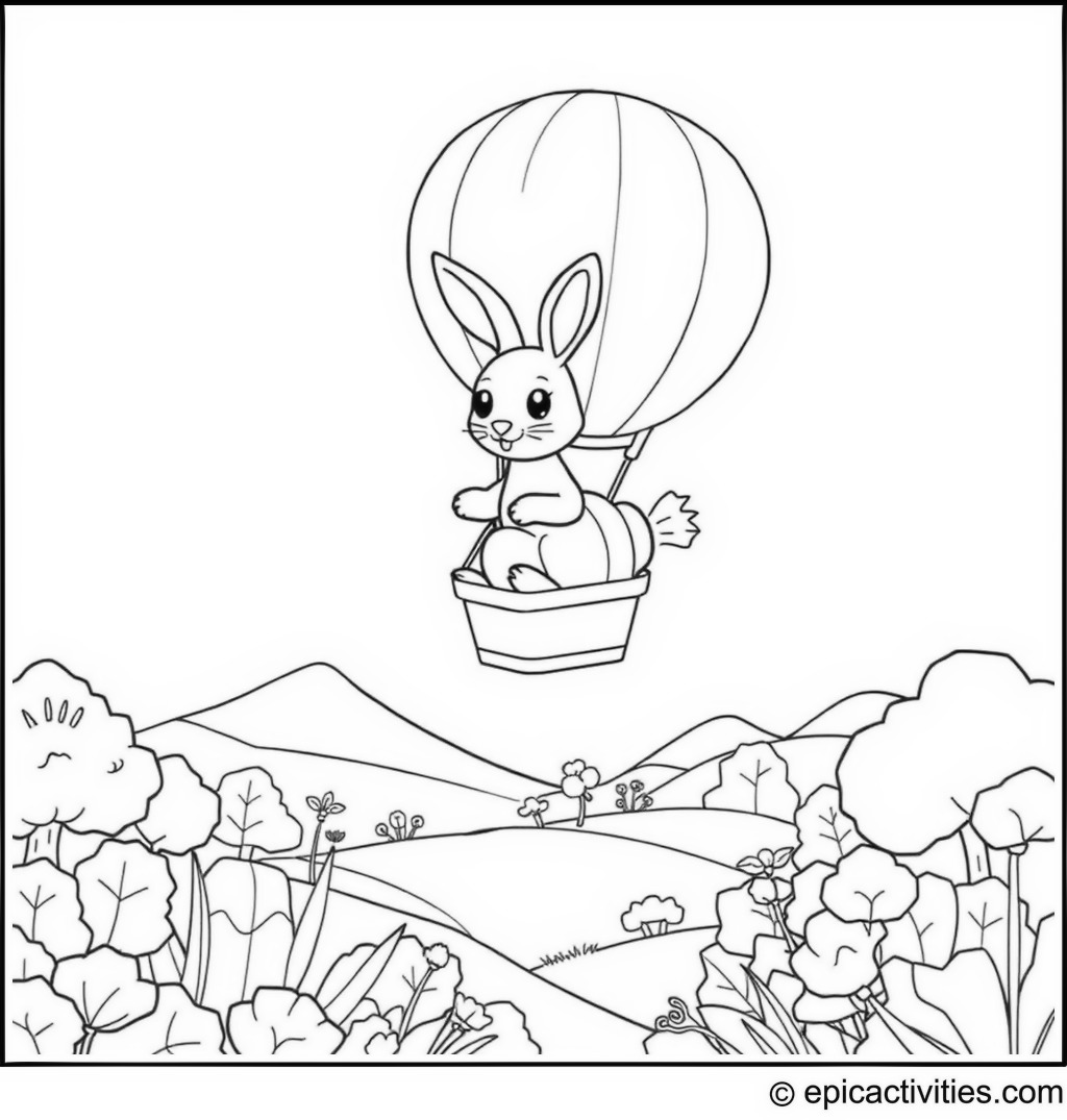 Coloring page of a Rabbit in a Carrot Hot Air Balloon