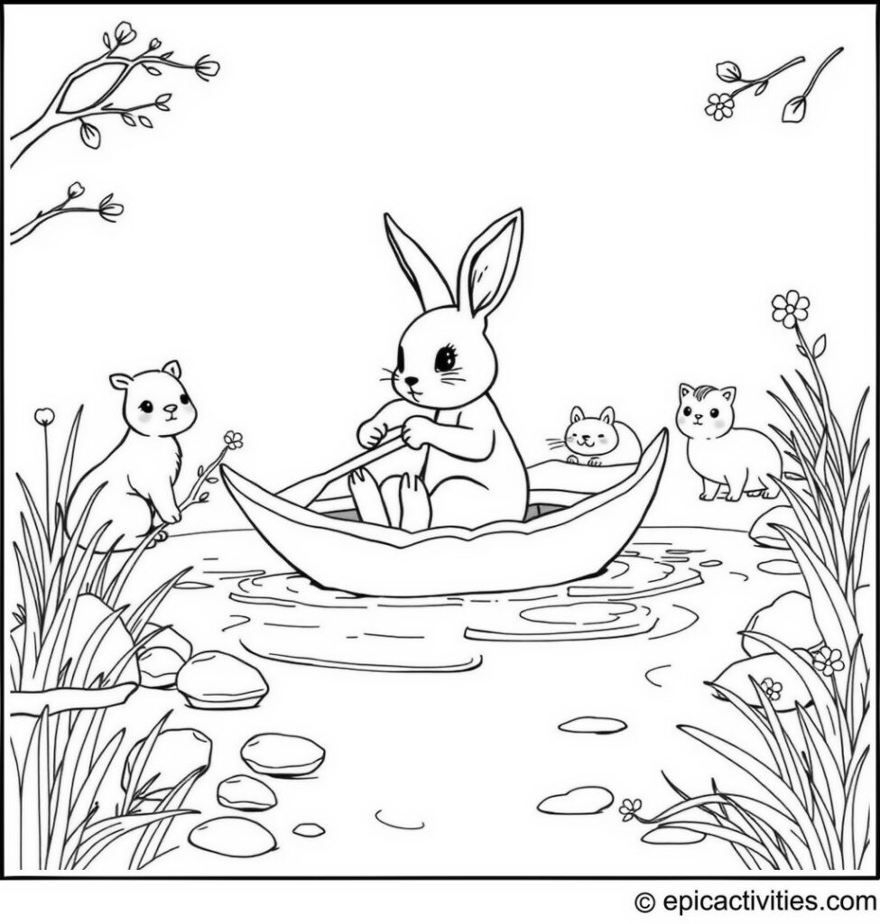 Coloring page of a Rabbit Paddling in a Leaf Canoe