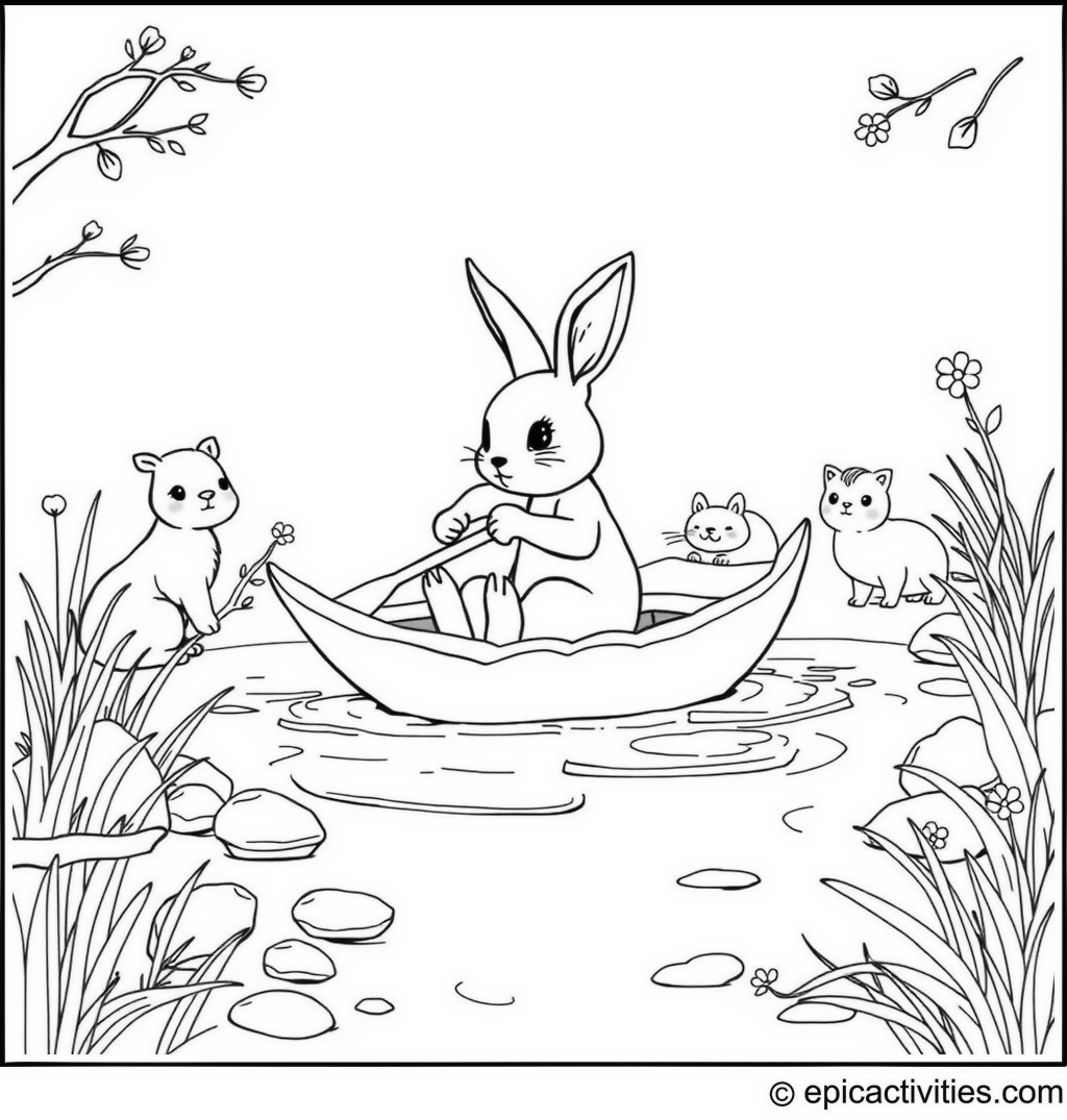 Coloring page of a Rabbit Paddling in a Leaf Canoe