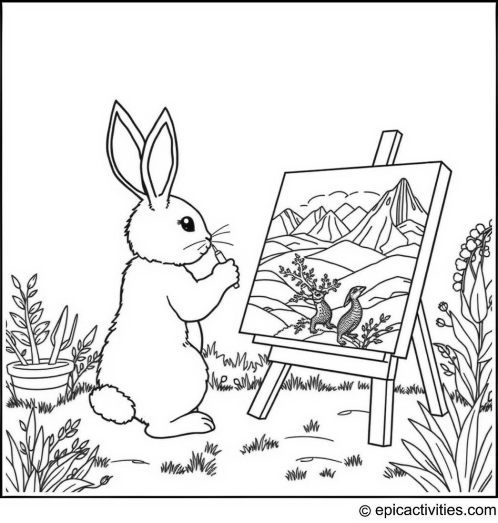 Coloring page of a Rabbit Painting Intricate Landscapes