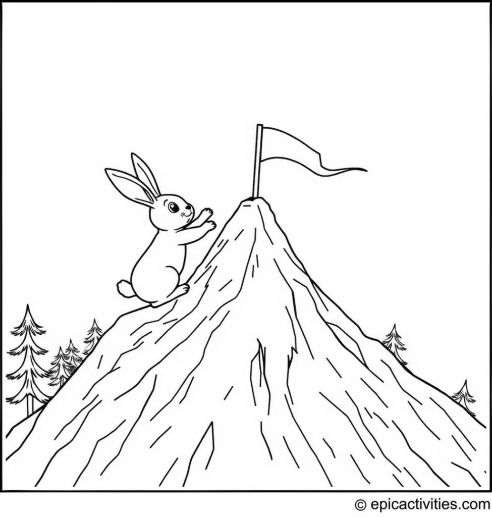 Coloring page of a Rabbit Planting a Flag on the Mountain Peak