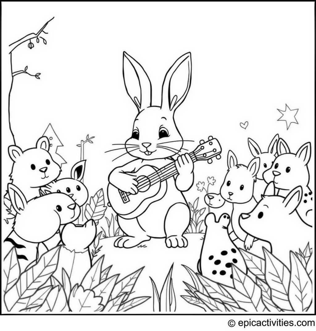 Coloring page of a Rabbit Playing a Ukulele to Forest Animals