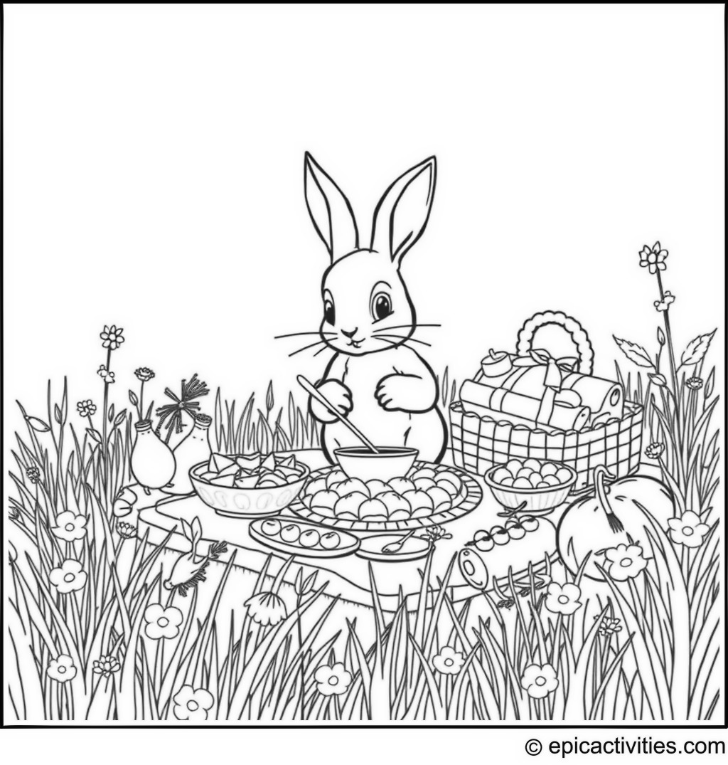 Coloring page of a Rabbit’s Picnic Adventure