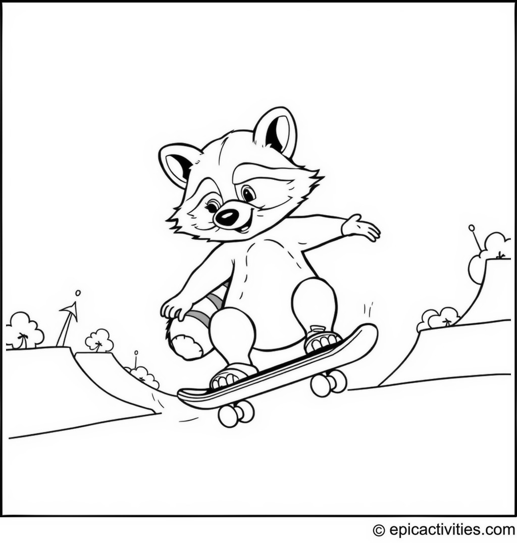 Coloring page of a raccoon skateboarding in a skate park