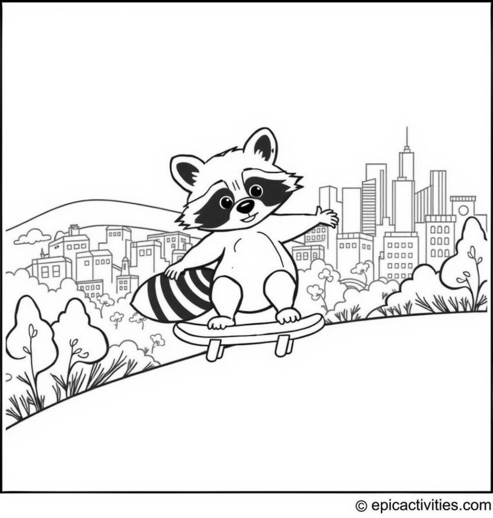 Coloring page of a raccoon skateboarding in a city