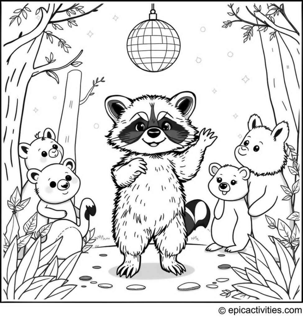 Coloring page of a Racoon Dancing under a Disco Ball at a Forest Party with Animal Friends