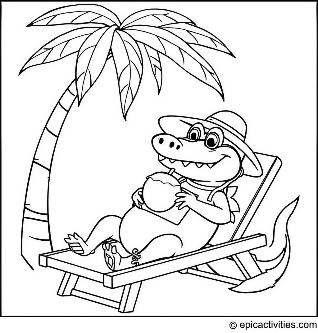 Coloring page of a Relaxing Alligator on a Beach Chair with a Coconut Drink