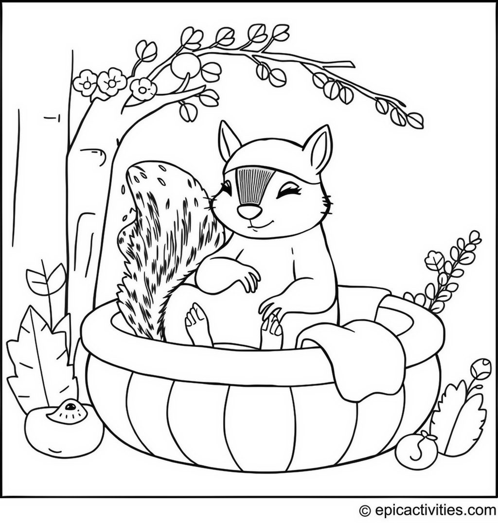 Coloring page of a Relaxing Squirrel in a Spa
