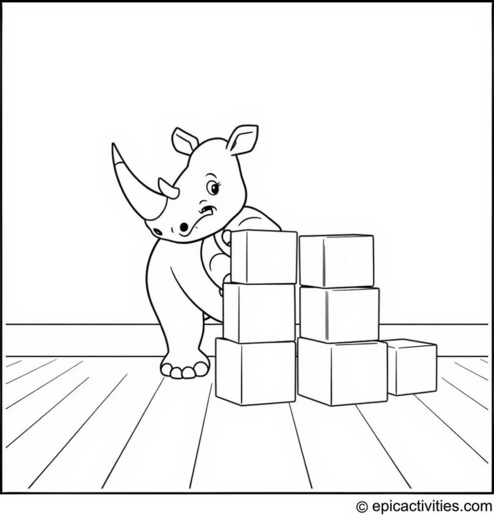 Coloring page of a Rhino Building a Colorful Block Tower