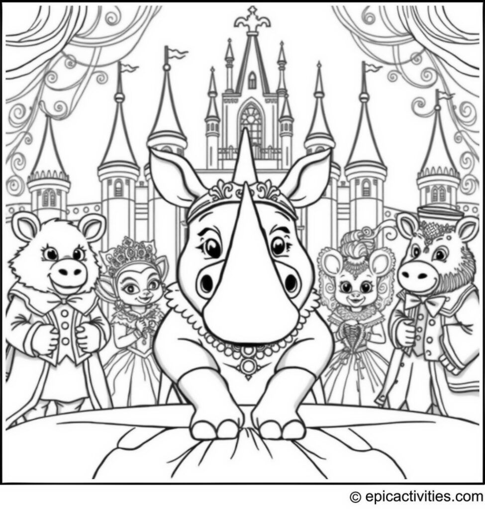 Coloring page of a Rhino Hosting a Fabulous Masquerade Ball