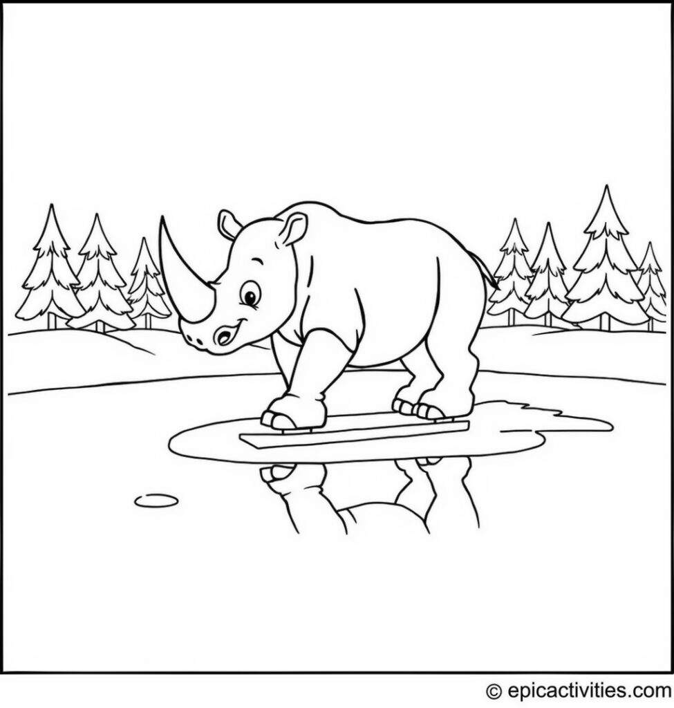 Coloring page of a Rhino Ice Skating on a Frozen Pond