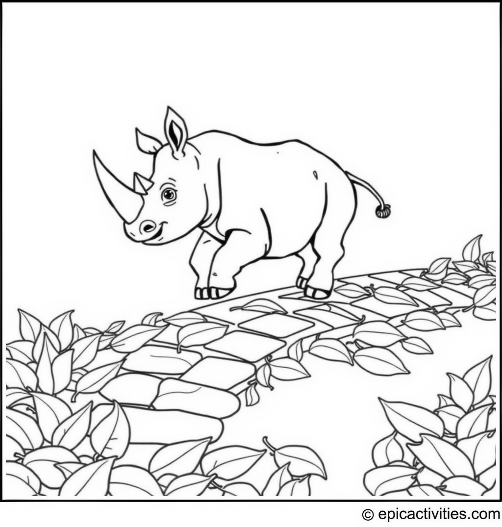 Coloring page of a Rhino Playing Hopscotch on a Leaf Path