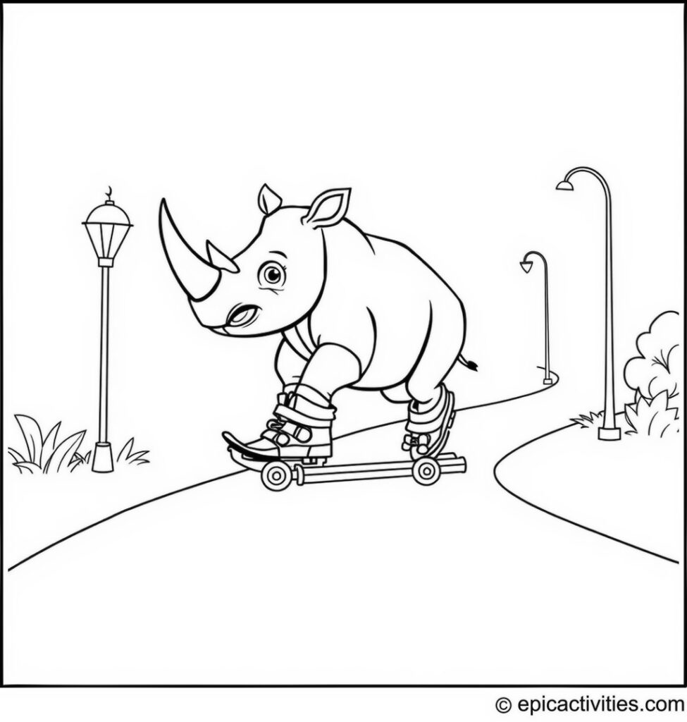 Coloring page of a Rhino Rollerblading on a Whimsical Path