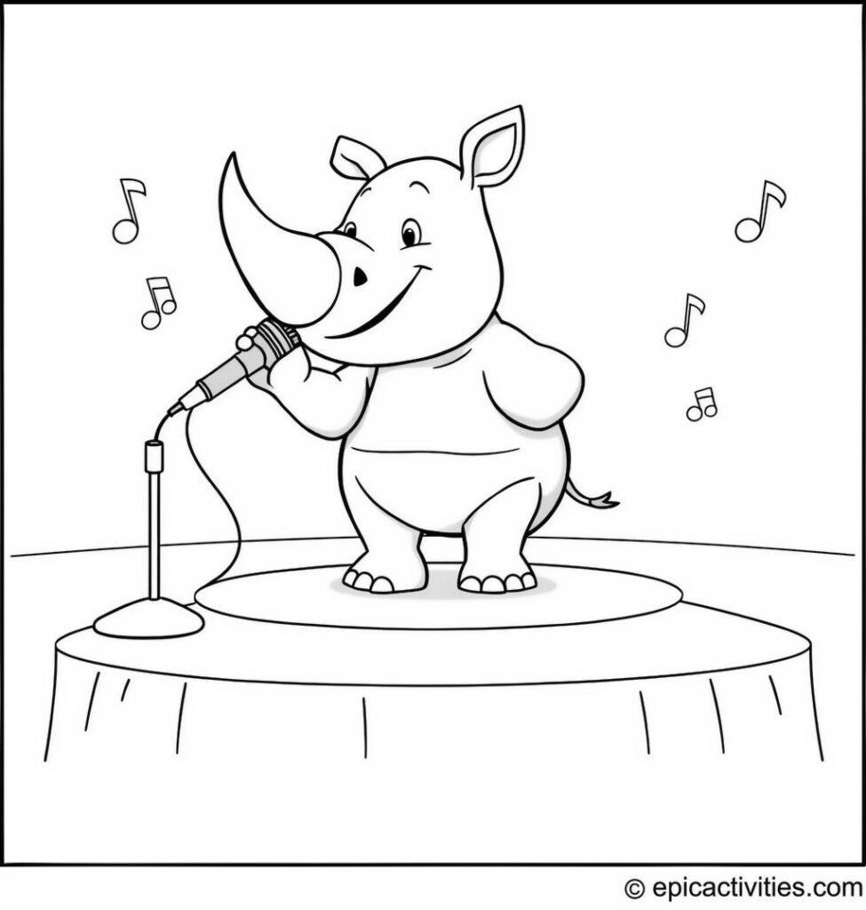 Coloring page of a Rhino Singing Karaoke