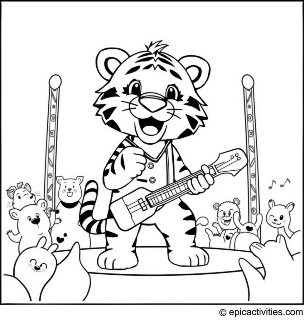 Coloring page of a Rockstar Tiger at a Concert with Cheering Animals