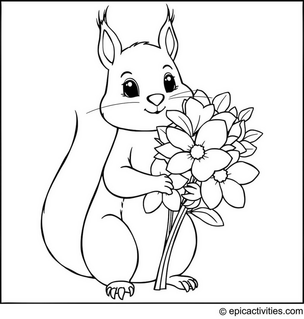 Coloring page of a Shy Squirrel with Oversized Flowers Bouquet