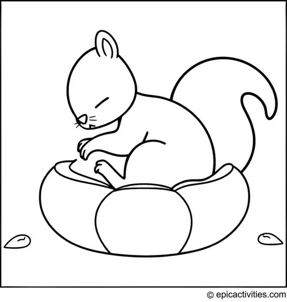 Coloring page of a Sleepy Squirrel in an Acorn Bed