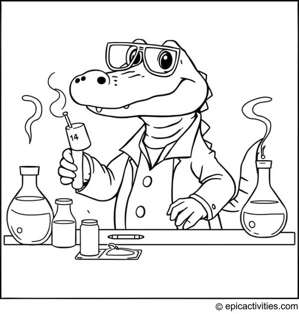 Coloring page of a Smart Alligator Scientist in a Laboratory