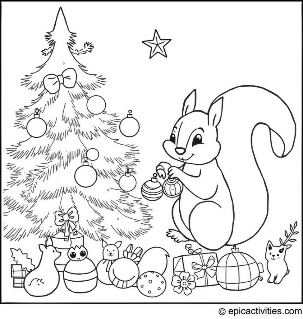 Coloring page of a Squirrel Crafting Ornaments for a Christmas Tree