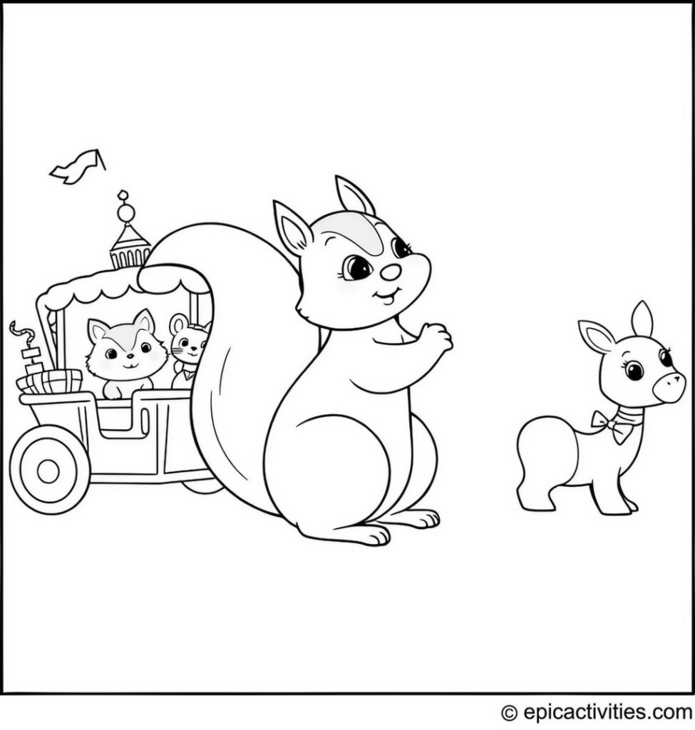Coloring page of a Squirrel Leading a Forest Animal Parade