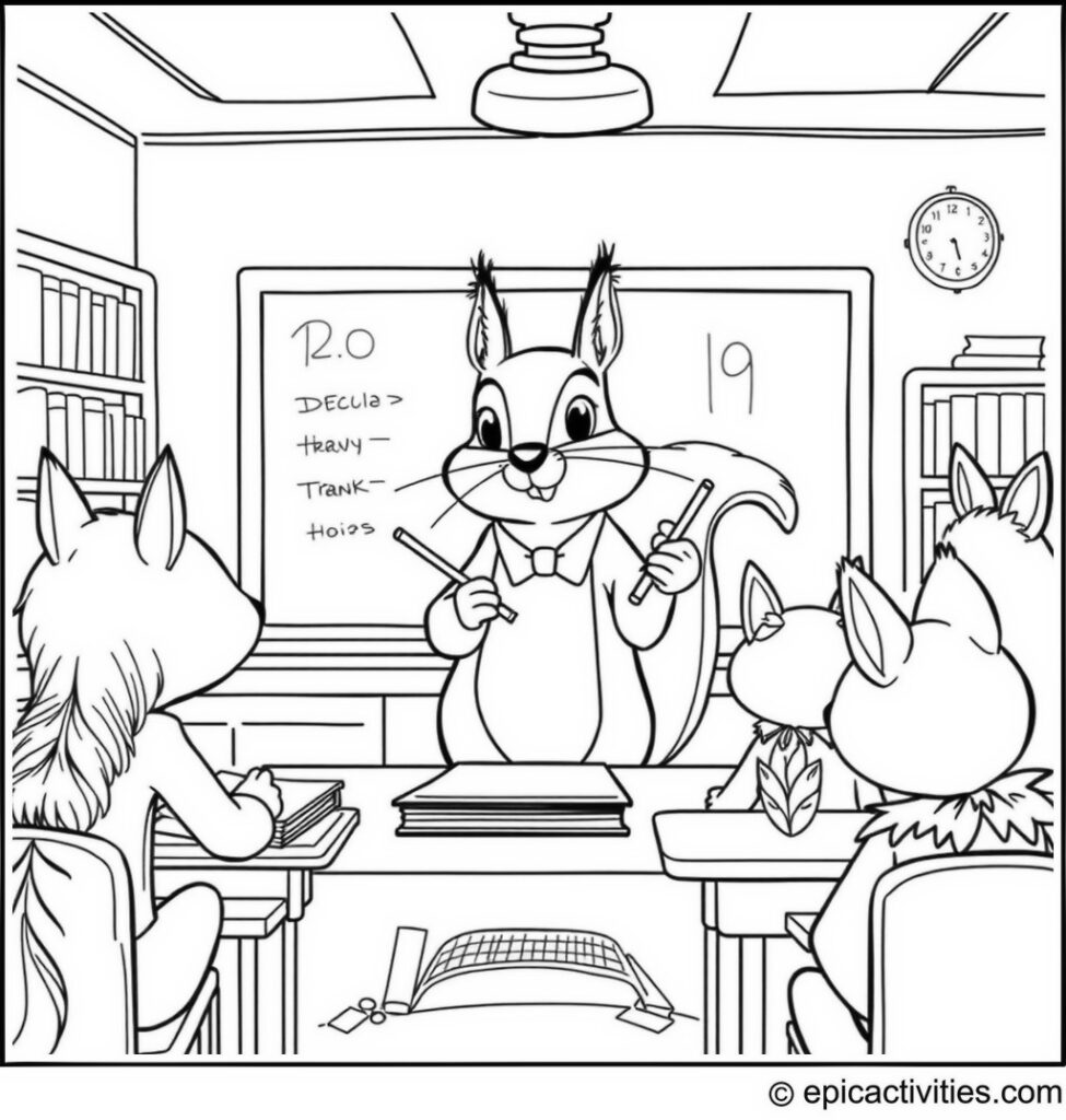 Coloring page of a squirrel teaching in a woodland classroom