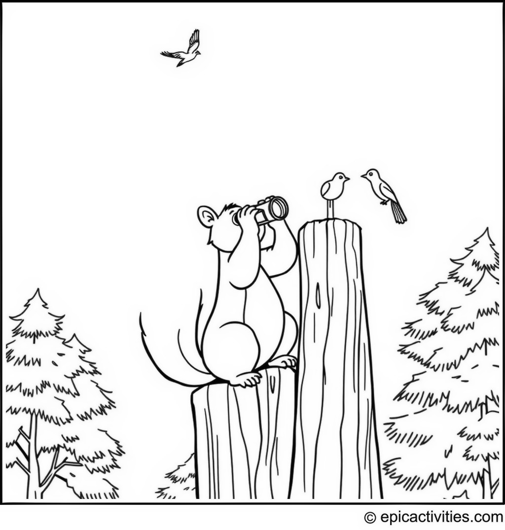 Coloring page of a squirrel using binoculars in a tall tree