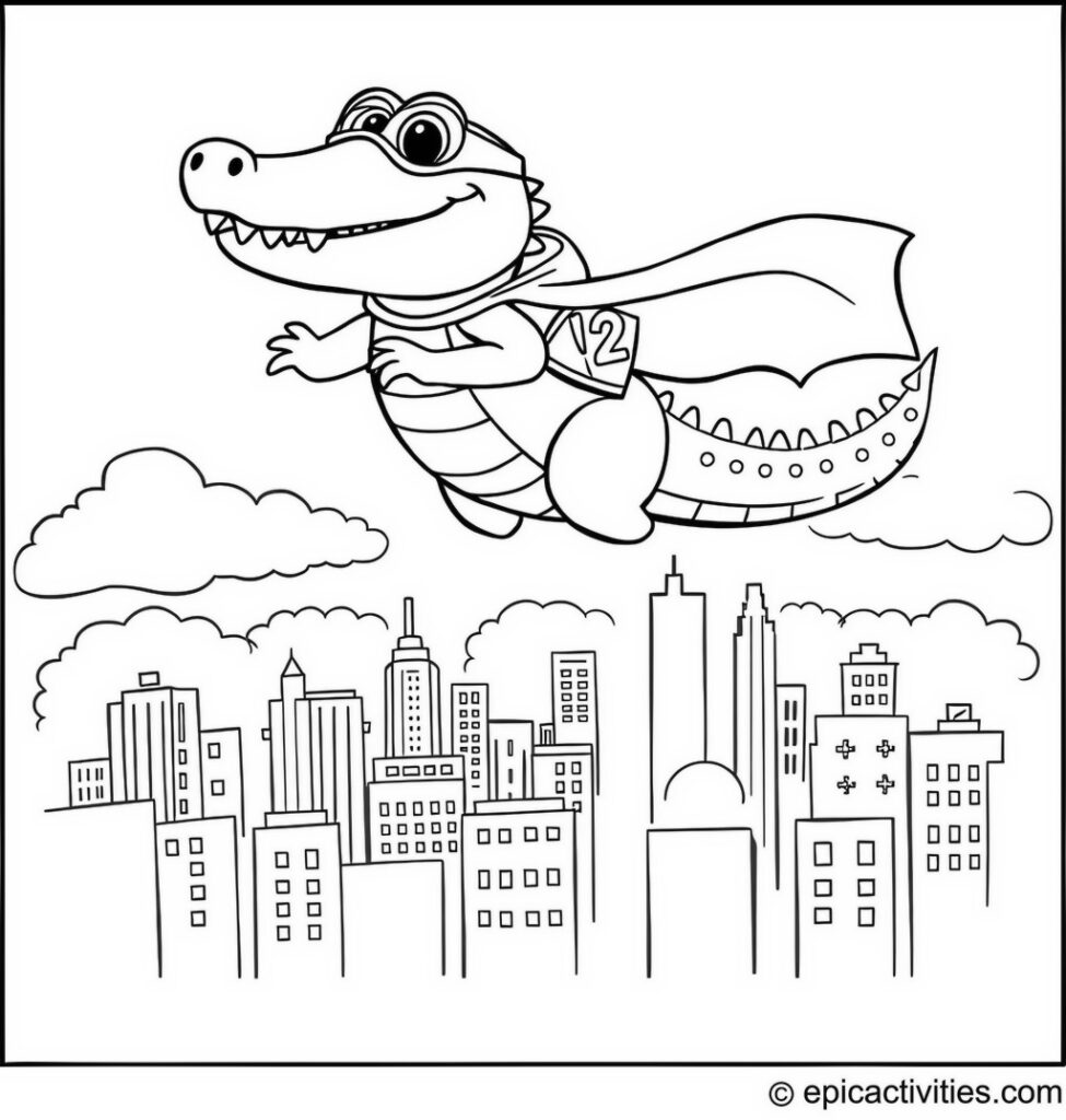 Coloring page of a Superhero Alligator Flying Above the City