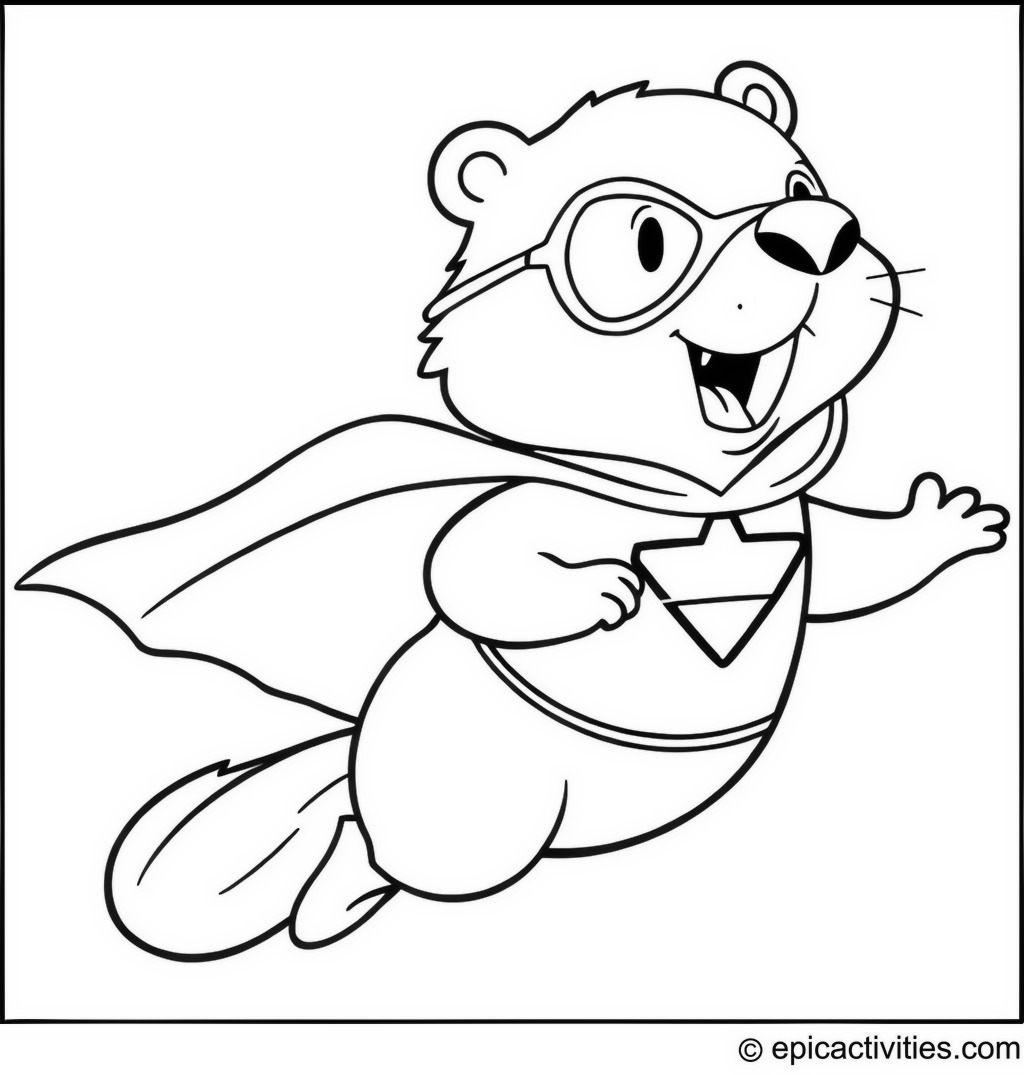 Coloring page of a Superhero Beaver Flying in the Sky