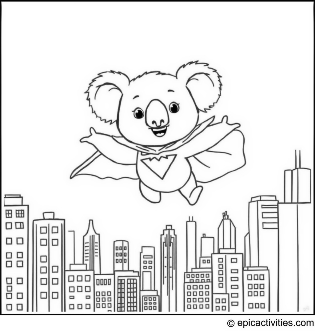 Coloring page of a Superhero Koala Flying Over the City
