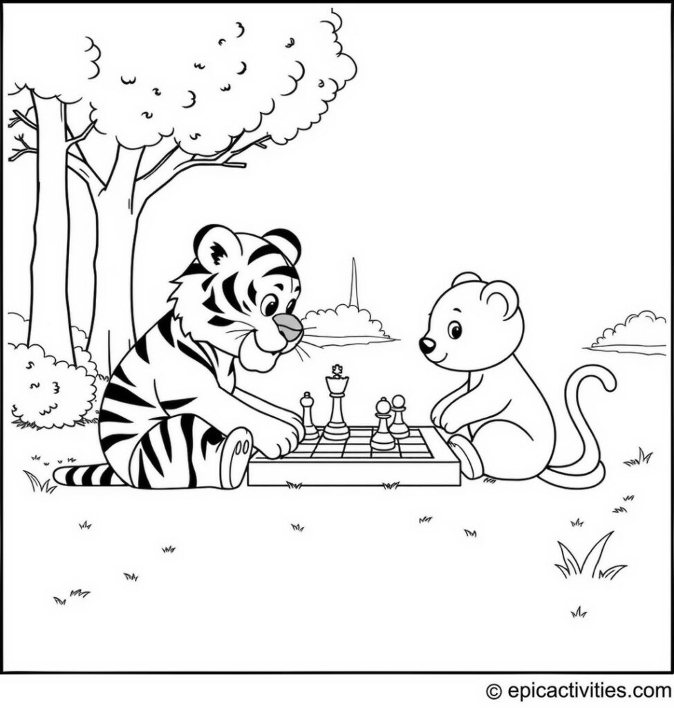 Coloring page of a Tiger and Friends Playing Chess in the Park
