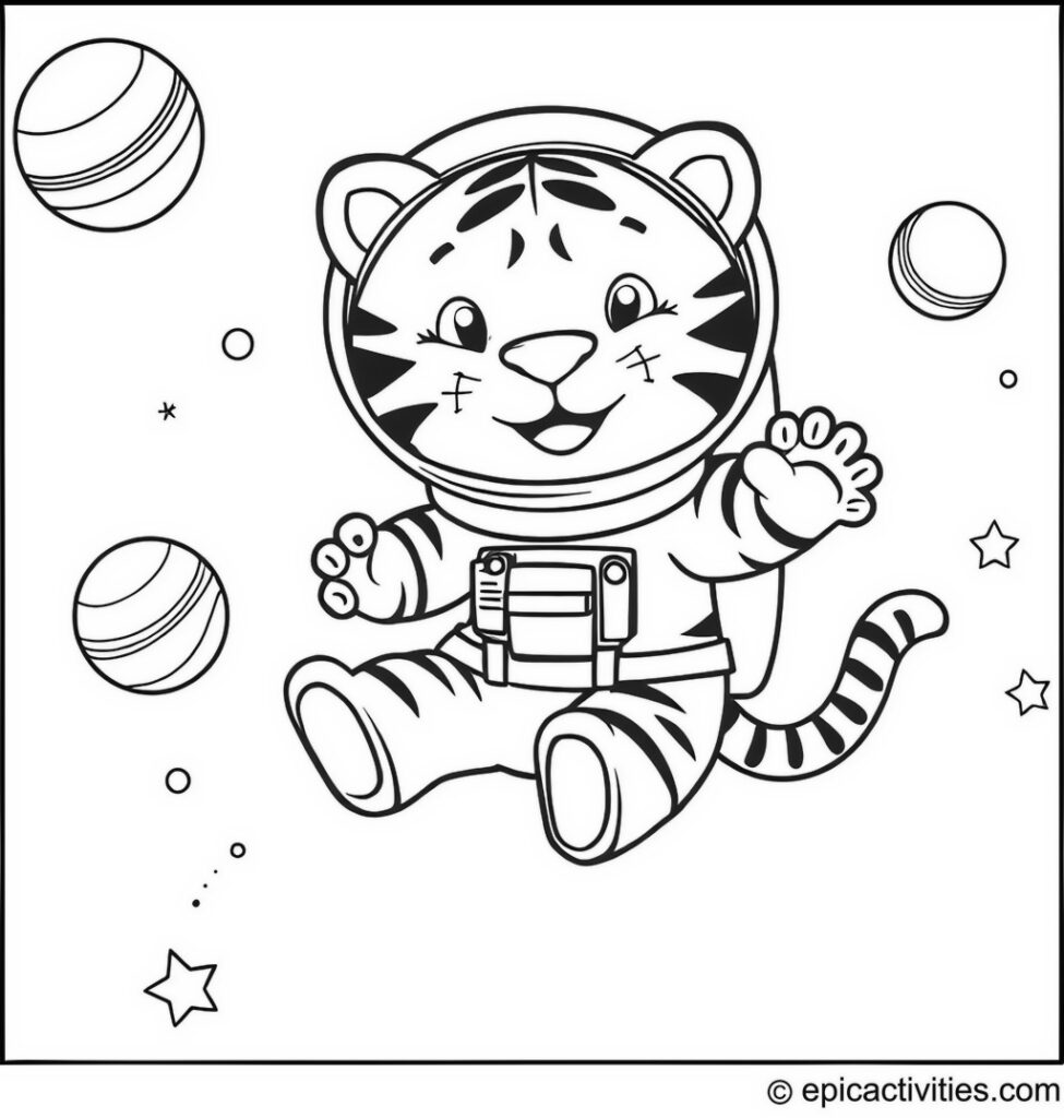 Coloring page of a Tiger Astronaut in Space with Planets and Stars
