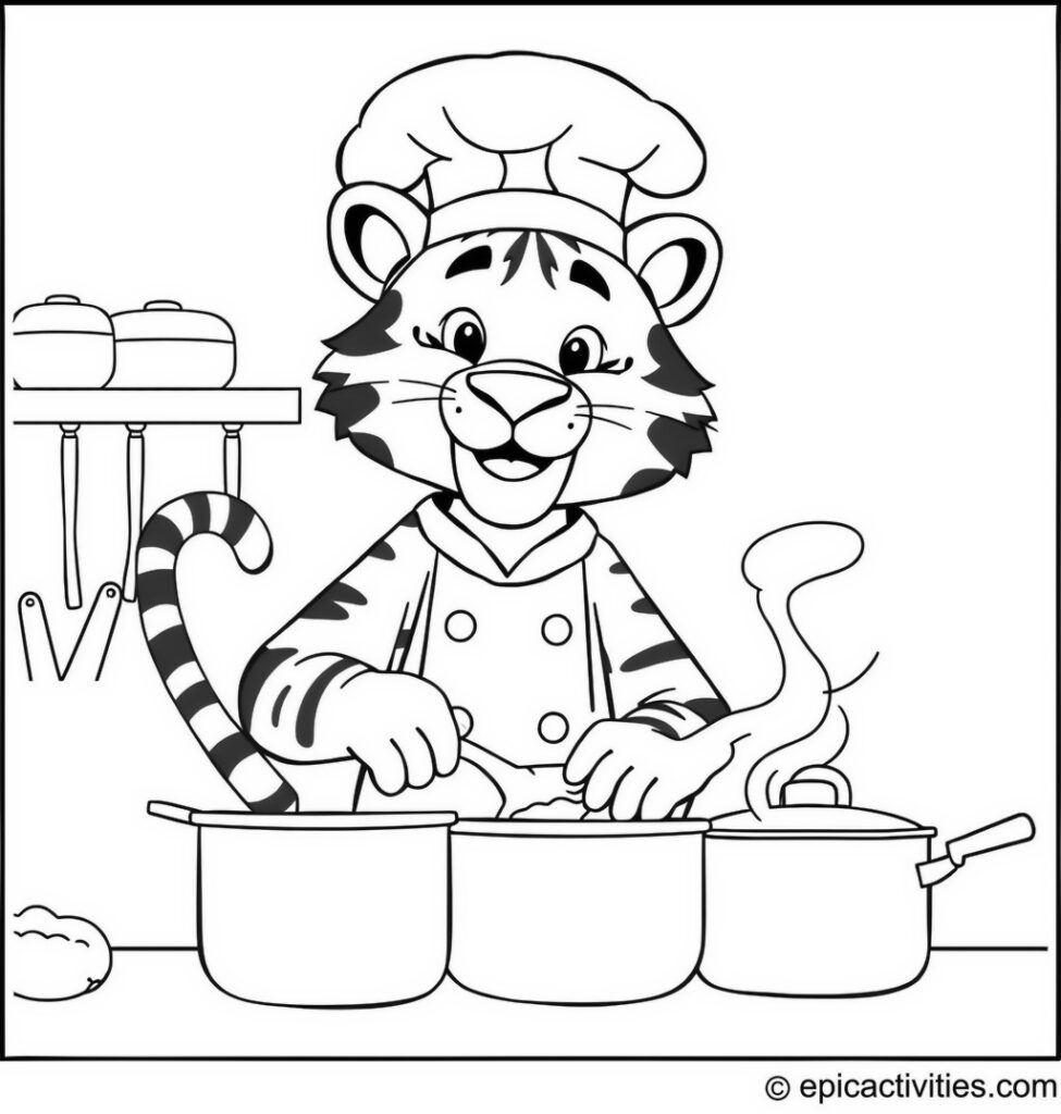 Coloring page of a Tiger Chef Cooking in the Kitchen