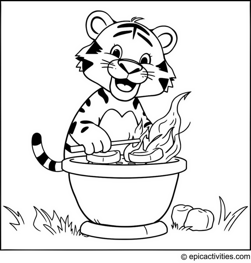 Coloring page of a Tiger Cooking at a Barbecue Grill